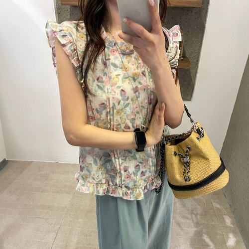 复古碎花木耳边衬衫女欧洲站小衫