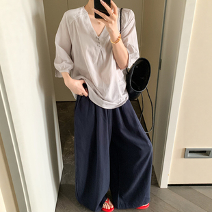 灯笼袖V领麻料衬衫阔腿裤两件套装女欧洲站2026夏季新款欧货女装