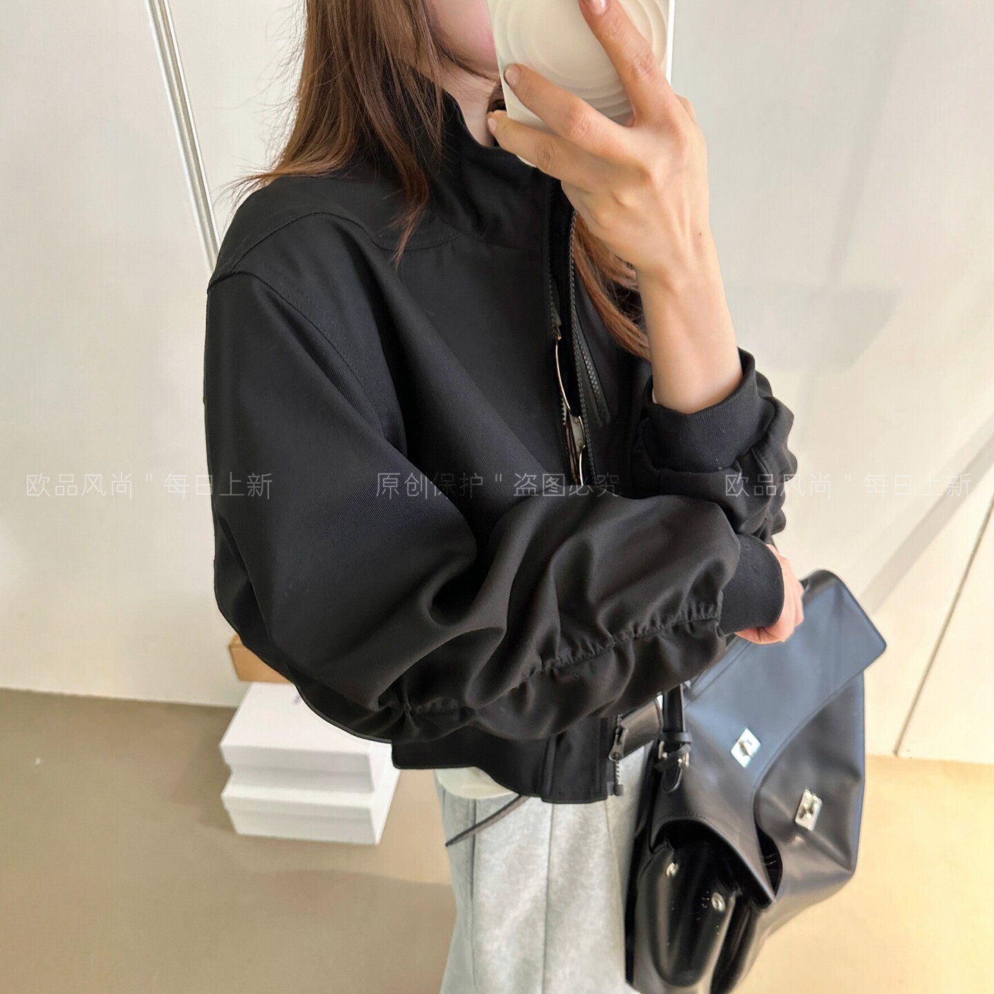 侧边褶皱立领棒球服外套女欧洲站