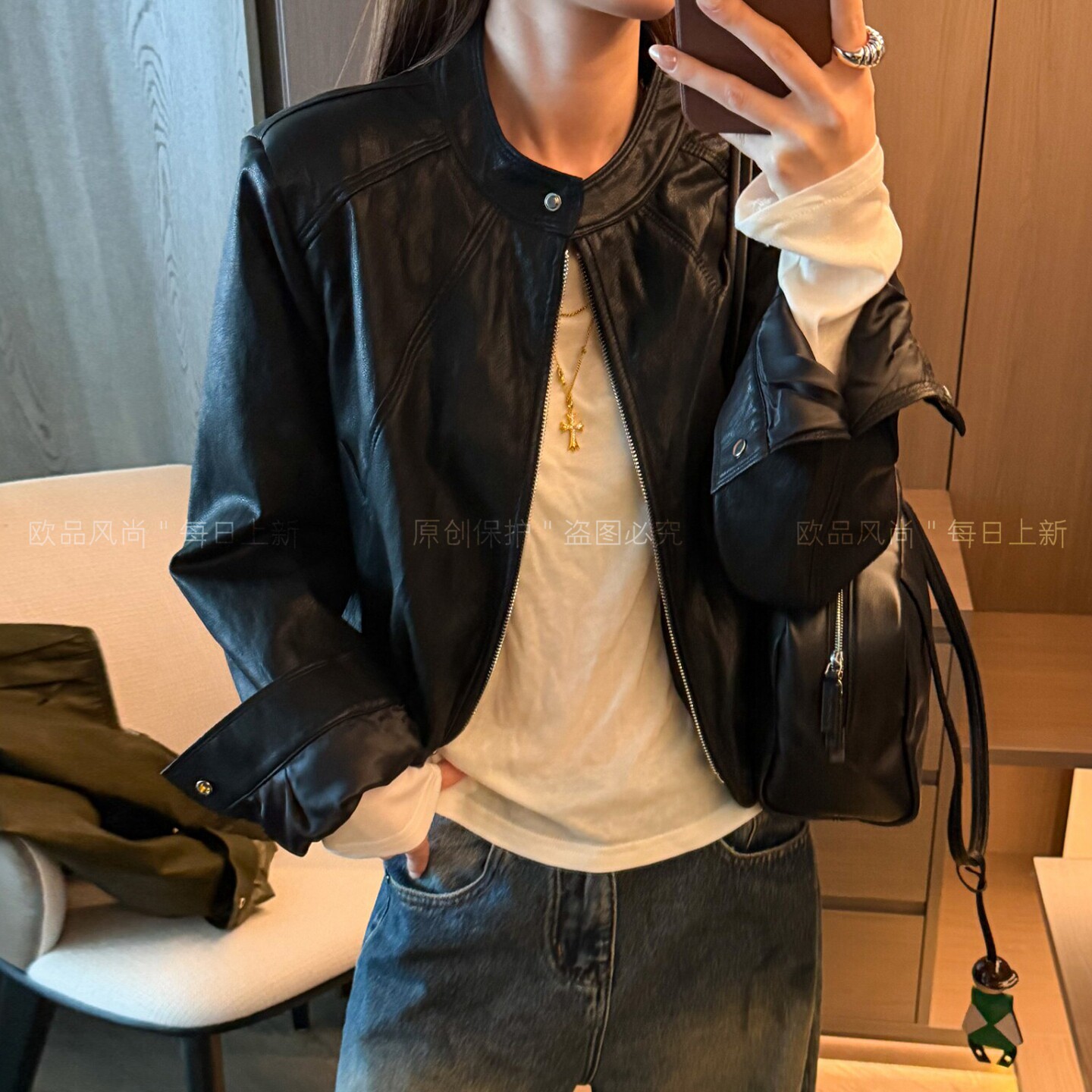 复古立领金属丝PU皮衣外套女欧货