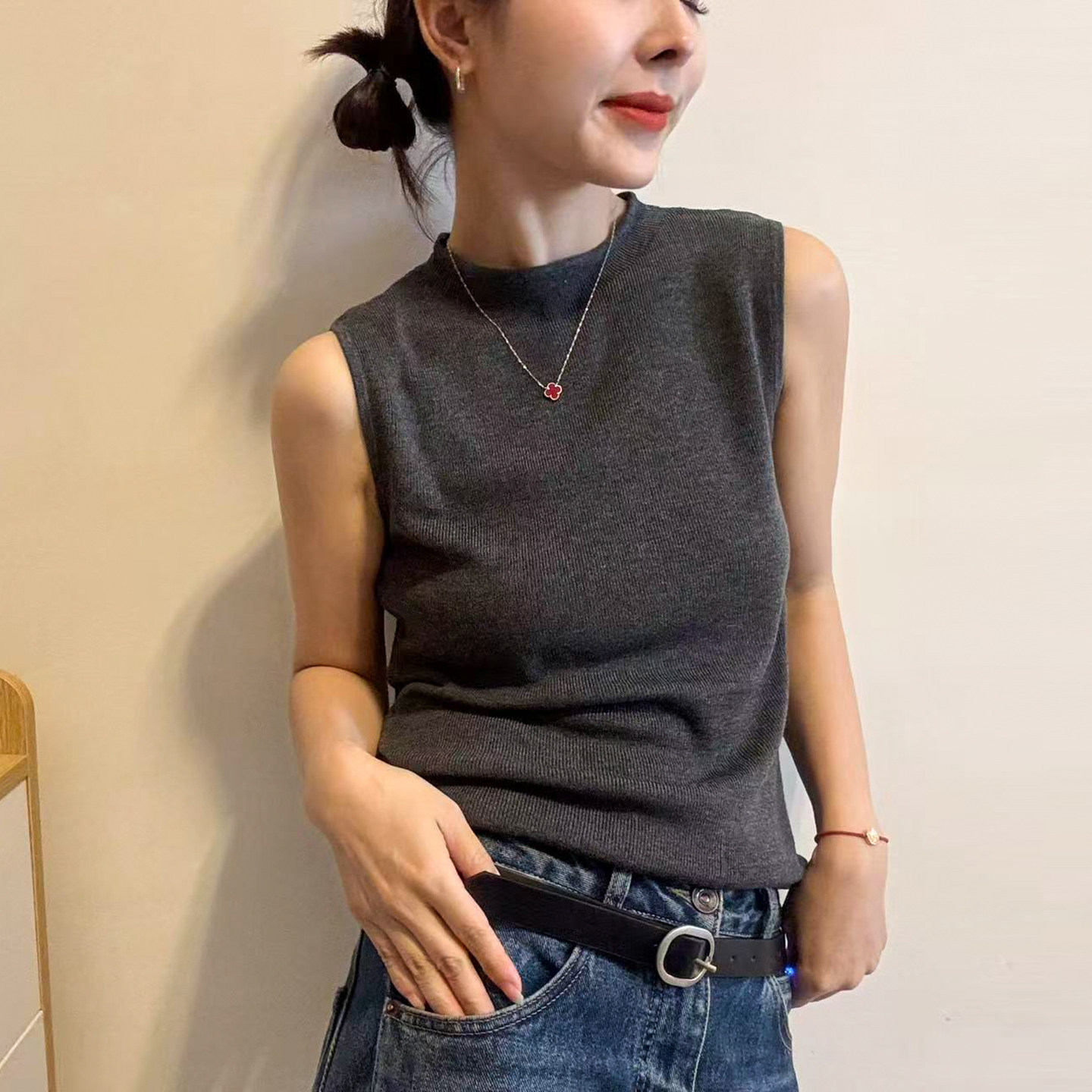 小半高领冰丝针织背心女欧洲站潮
