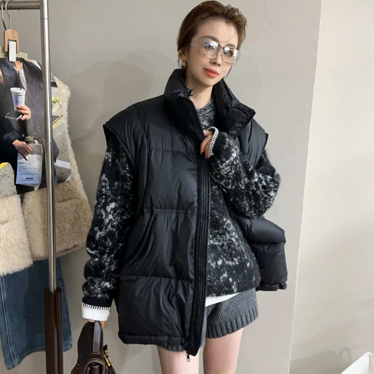 白鸭绒立领面包羽绒服马甲女欧货