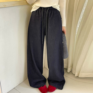 直筒老爹裤 深蓝色拖地加绒牛仔裤 欧货女装 新款 潮 女欧洲站2025冬装