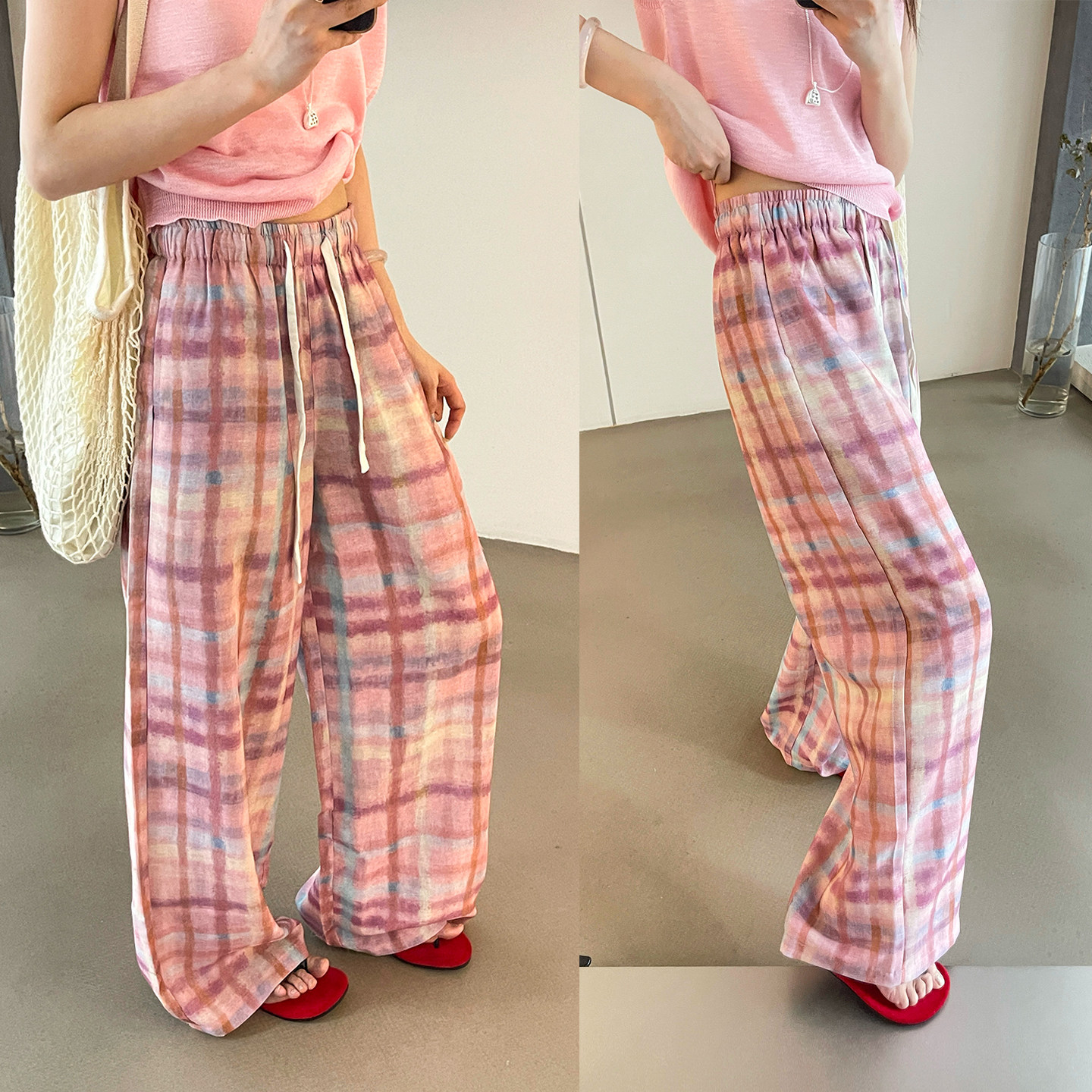 复古格子拖地亚麻阔腿裤女欧洲站2026夏季新款欧货女装时尚休闲裤