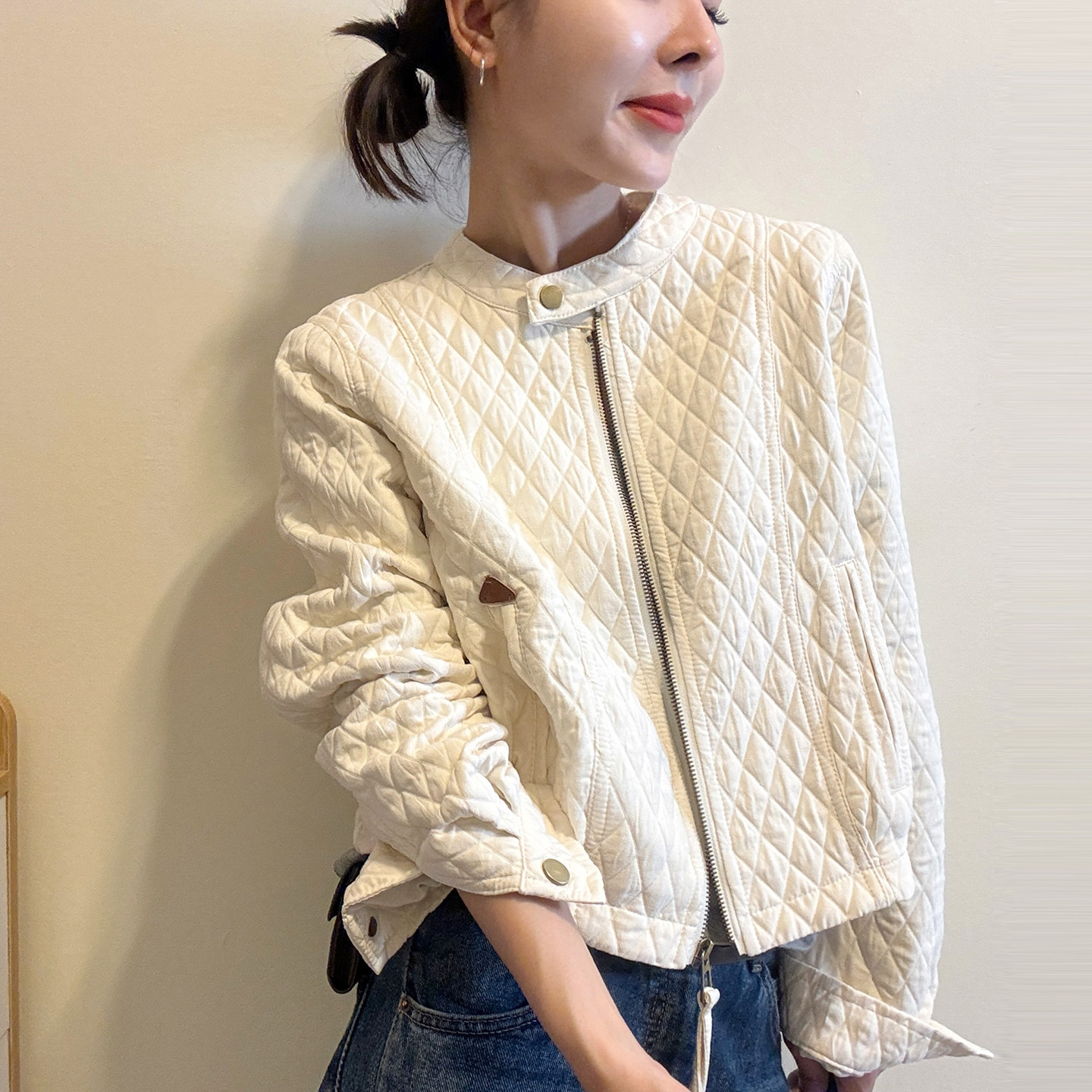 棒球领压格加棉外套女欧洲站棉服
