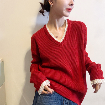 蕾丝拼接V领羊毛针织衫女欧洲站