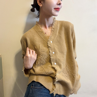 流苏刺绣全羊毛针织开衫女欧洲站