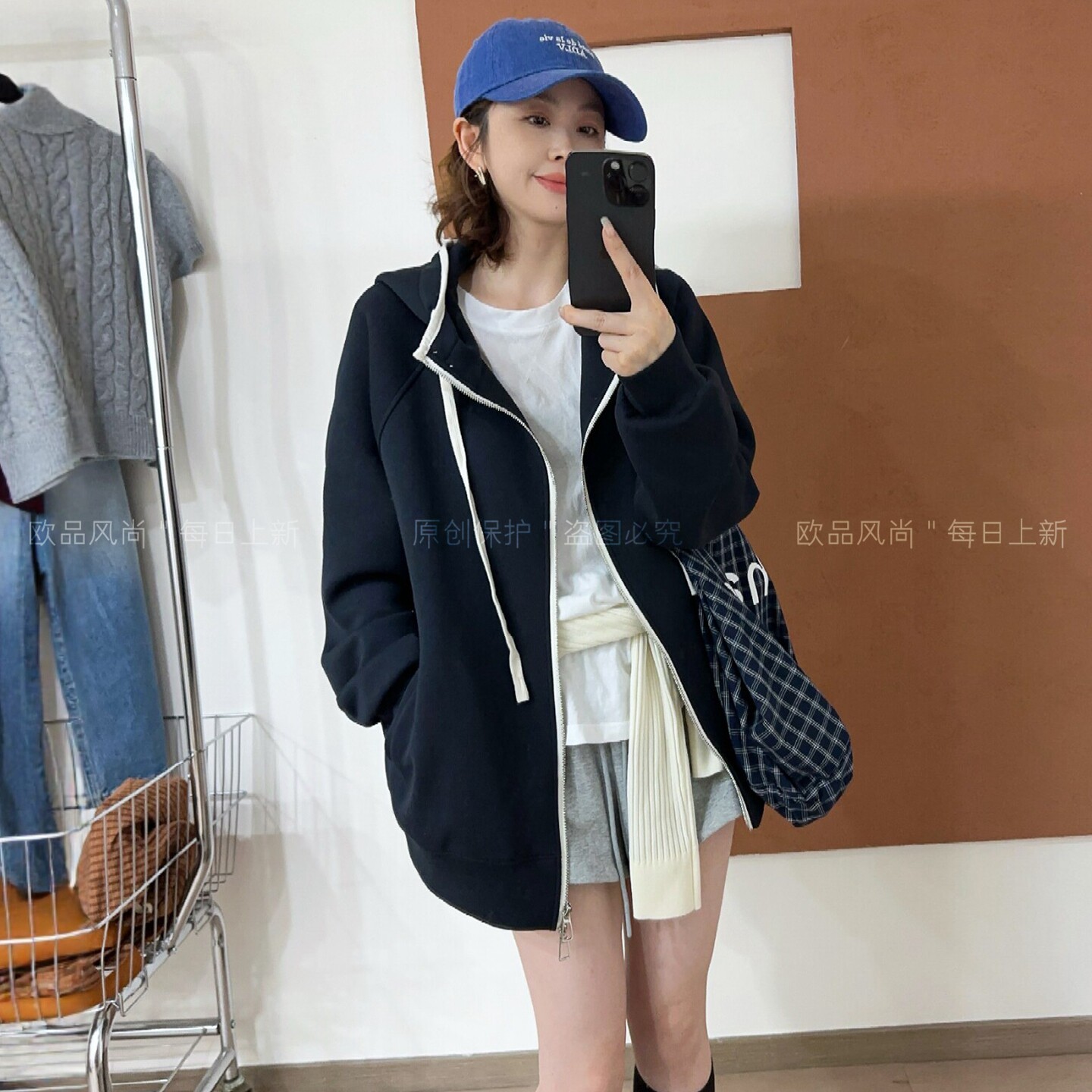 抽绳连帽卫衣开衫短外套女欧洲站