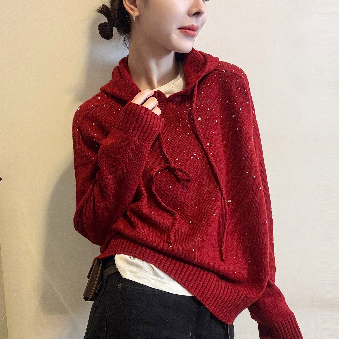 重工烫钻连帽羊绒针织衫女欧洲站