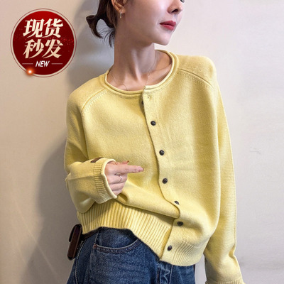 贴标卷边细羊毛针织开衫女欧洲站