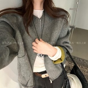 撞色翻边双面羊绒大衣女欧洲站2026秋季新款欧货女装短款毛呢外套
