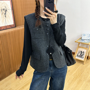 短款 欧货女装 上衣潮 新款 高品质羊毛毛呢马甲外套女欧洲站2025冬装