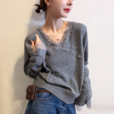 蕾丝拼接V领羊毛针织衫女欧洲站