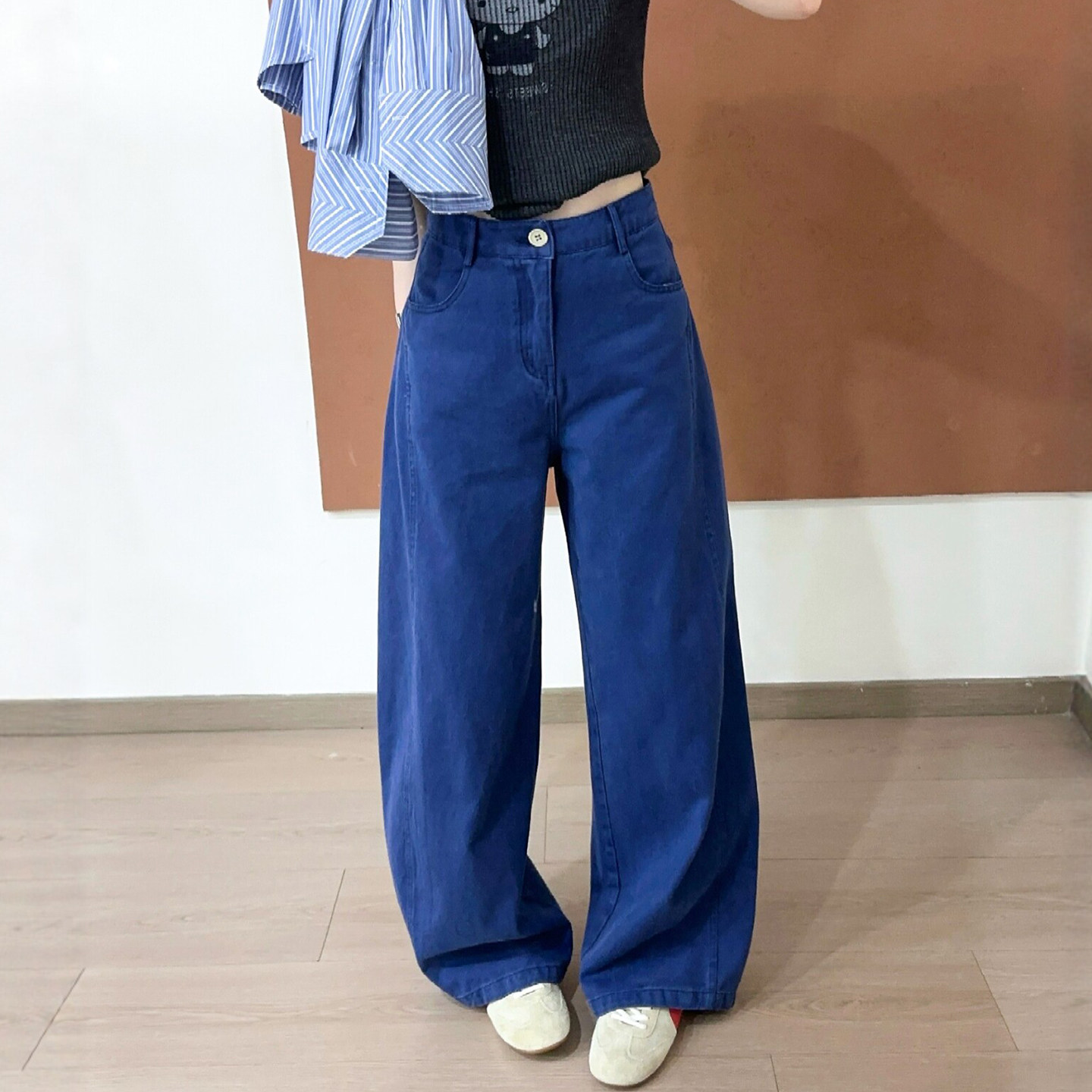 宝蓝色拖地弯刀阔腿裤女欧货裤子