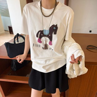 小马刺绣图案短袖T恤女欧洲站2026春装新款欧货女装时尚打底衫潮