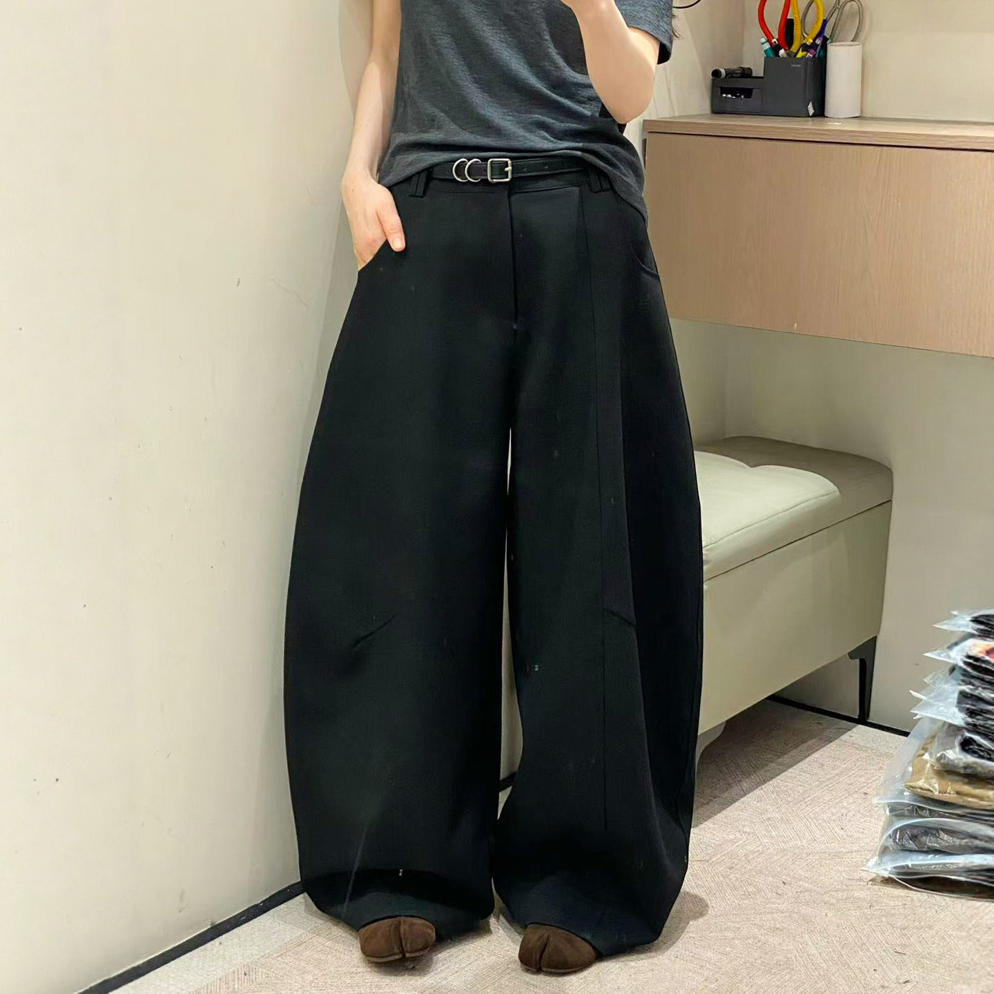 立体裁剪拖地弯刀阔腿裤女欧洲站