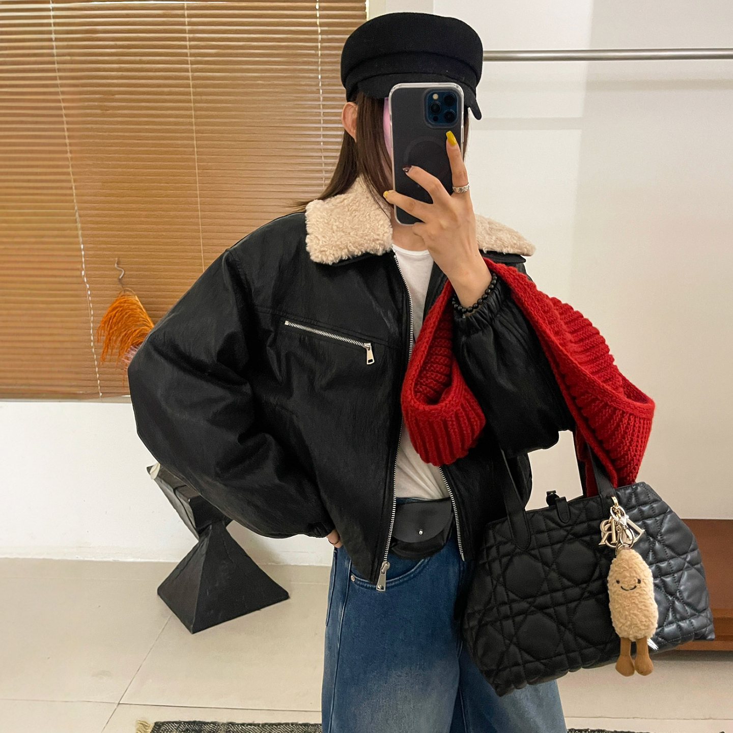 羊羔毛领PU皮羽绒服外套女欧洲站2025冬装新款欧货女装短款外套潮