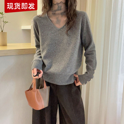 假两件蕾丝骆马绒针织衫女欧洲站