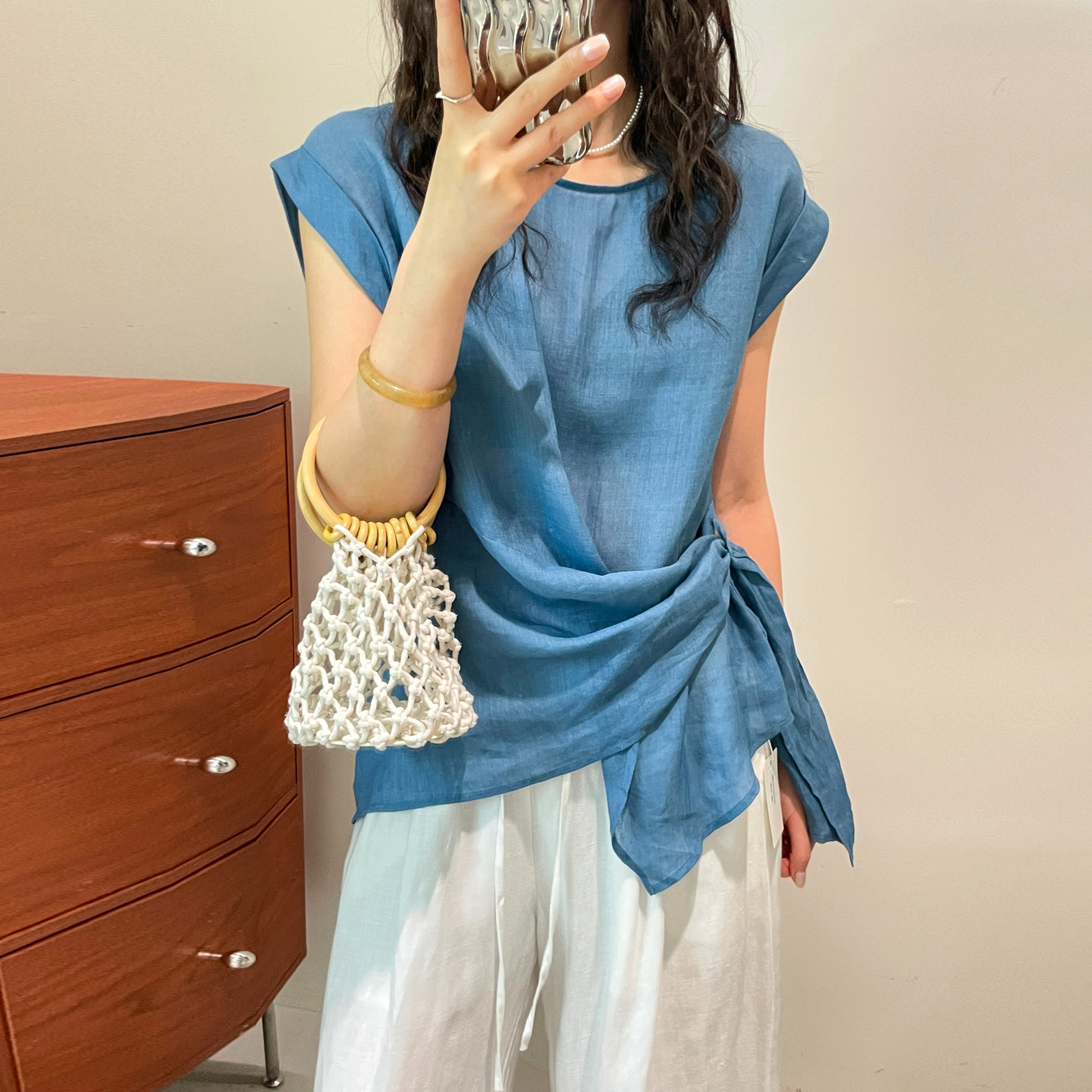 侧边打结飞飞袖苎麻衬衫女欧洲站2026夏季新款欧货女装娃娃小衫潮