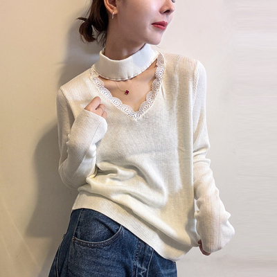 蕾丝挂脖细羊毛针织衫女欧货打底