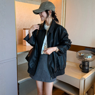 蛋白皮PU翻领皮衣外套女欧洲站2026春装新款欧货女装小个子夹克潮