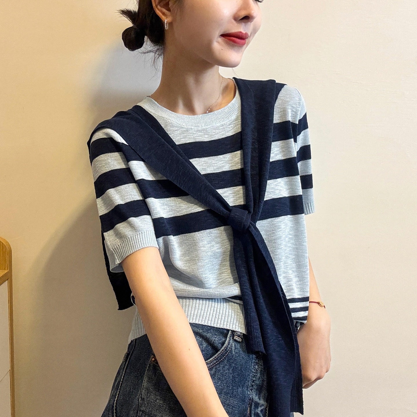 配披肩条纹冰丝针织衫女欧洲站2026春装新款欧货女装短袖打底衫潮