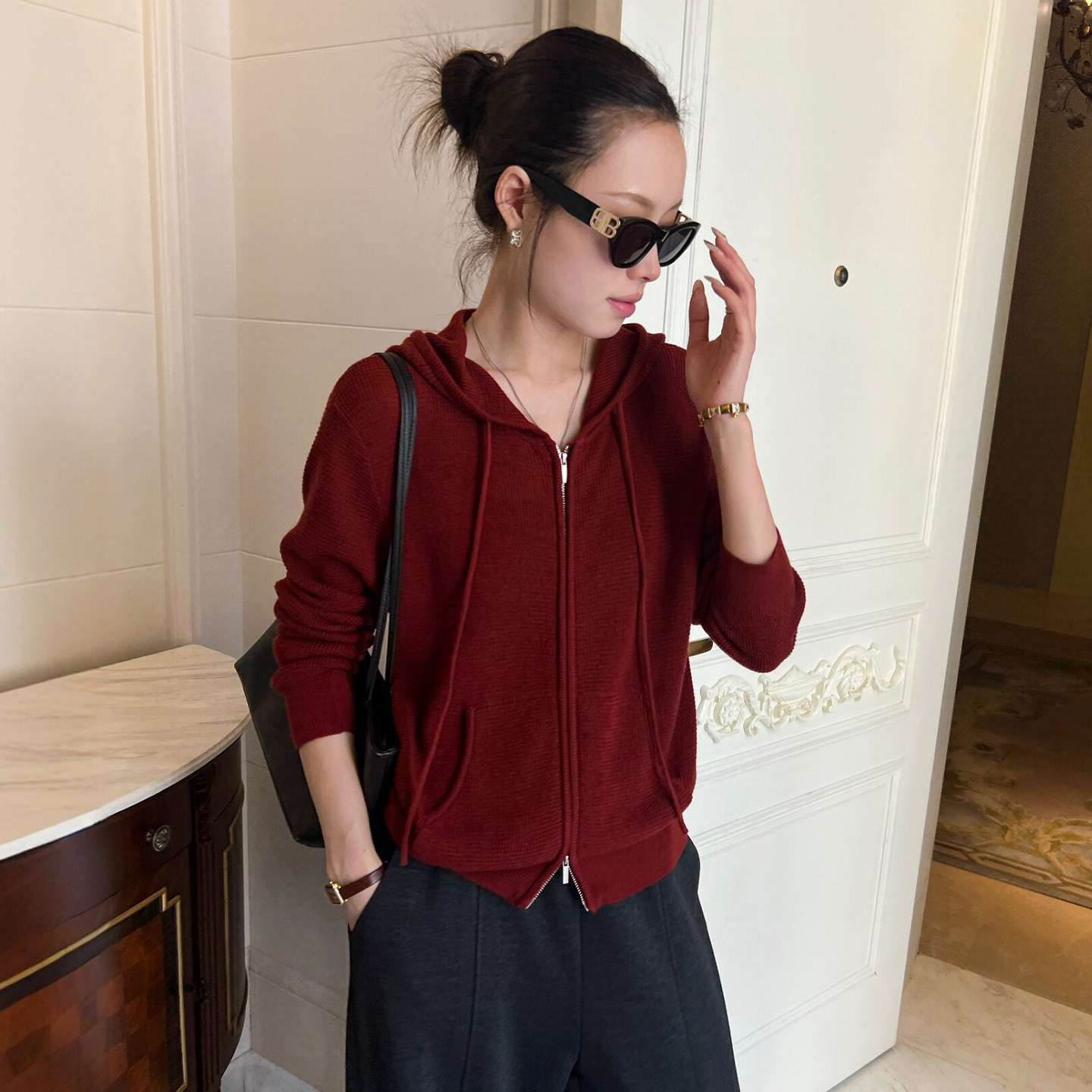 抽绳连帽羊毛针织开衫女欧洲站潮