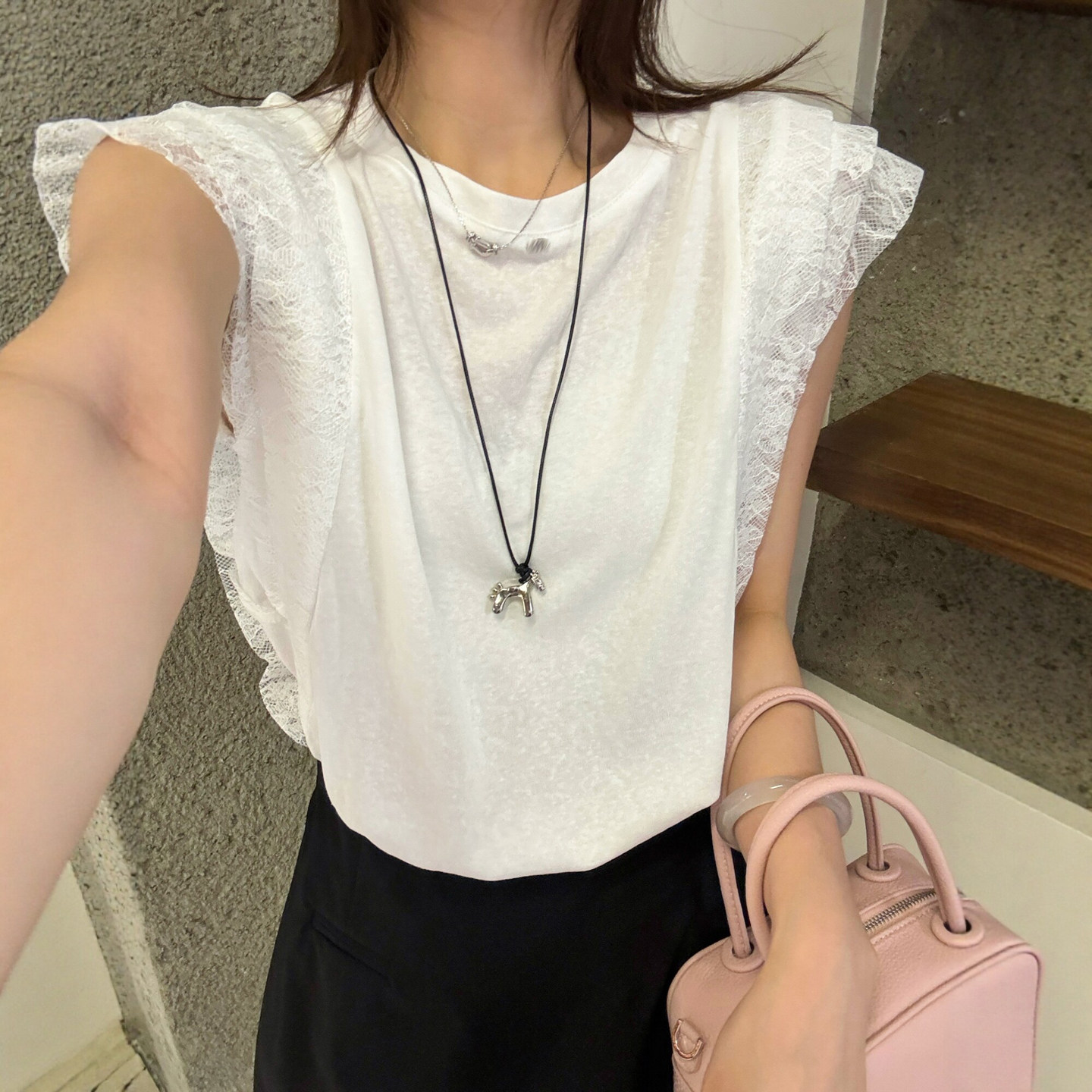 蕾丝拼接飞飞袖T恤女欧洲站上衣