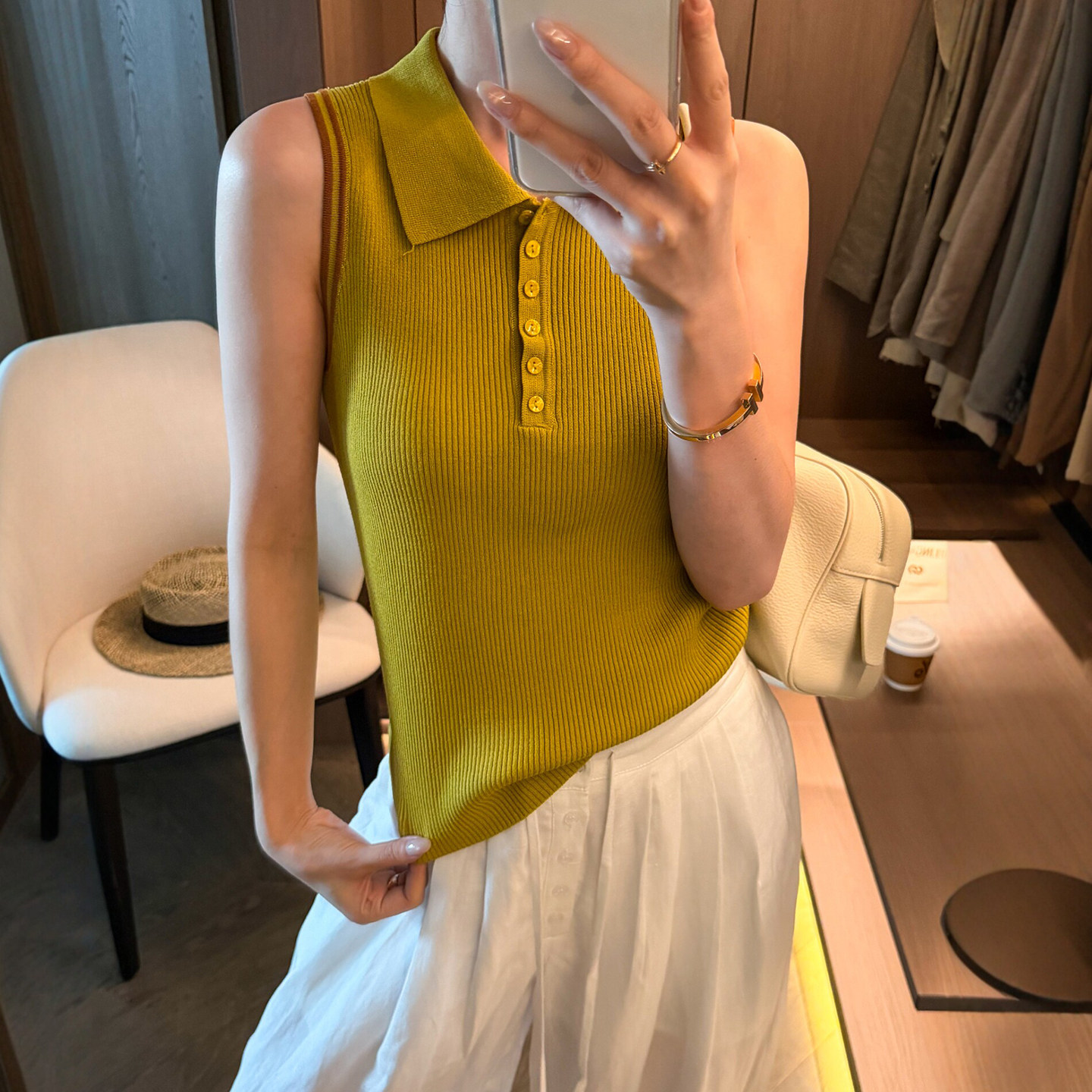 撞色翻领坑条冰丝针织衫女欧洲站