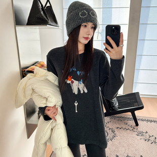 卡通刺绣磨毛加绒T恤女欧洲站2025冬装新款欧货女装时尚打底衫潮