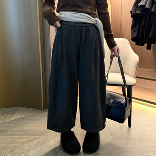 女欧洲站2025冬装 休闲裤 新款 时尚 潮 欧货女装 羊毛呢八分加绒阔腿裤