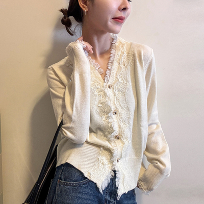 蕾丝睫毛V领羊毛针织开衫女欧货