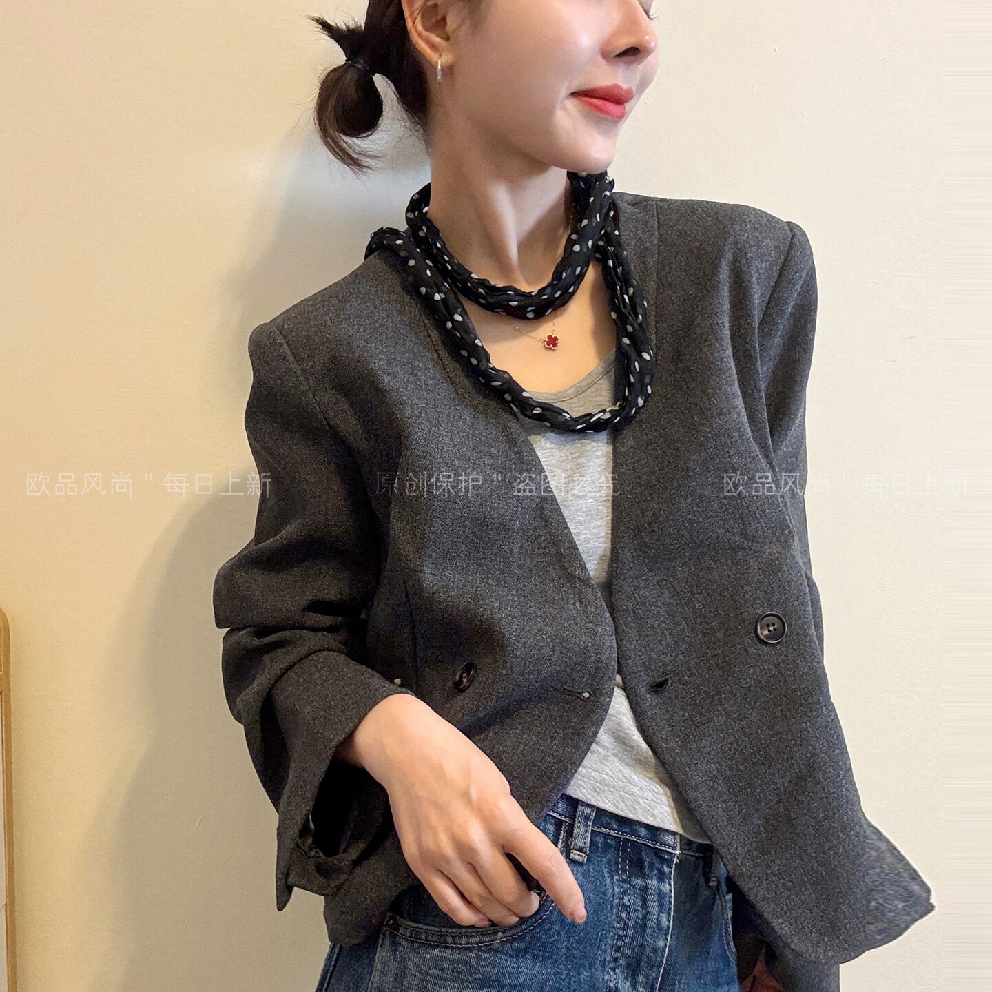 配丝巾V领小西装外套女欧货西服