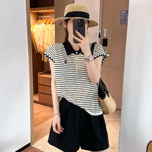 小猫刺绣POLO领冰丝针织衫女欧货