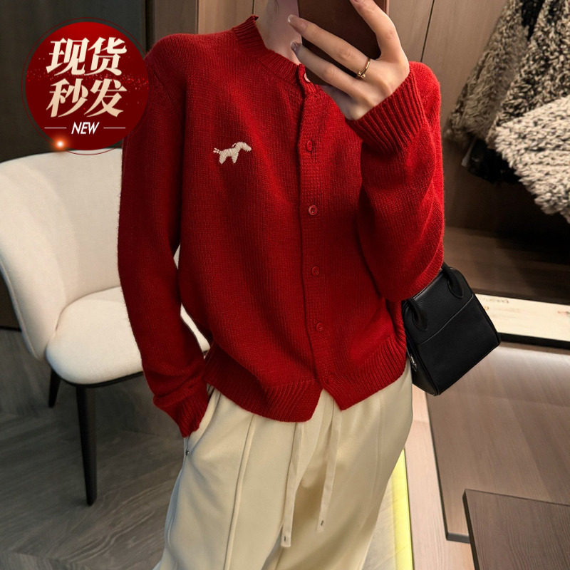 小狗刺绣羊毛针织开衫女欧洲站2025冬装新款欧货女装毛衣短外套潮,女装/女士精品,毛针织衫,淘宝优惠券,粉丝福利购,淘宝优惠卷