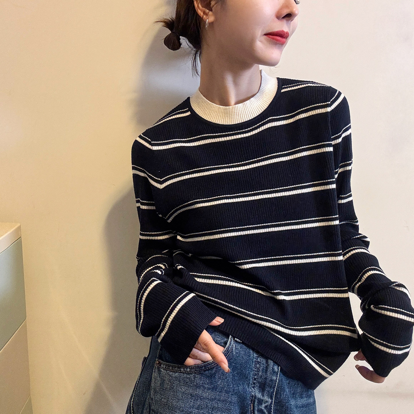 撞色条纹细羊毛针织衫女欧货打底