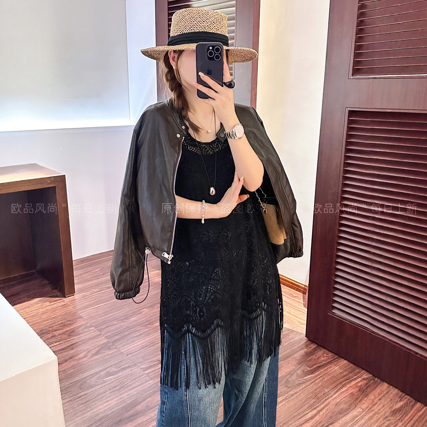 蕾丝钩花流苏丝绒背心女欧货上衣