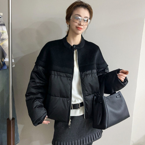 羊毛呢棒球领鹅绒羽绒服女欧洲站