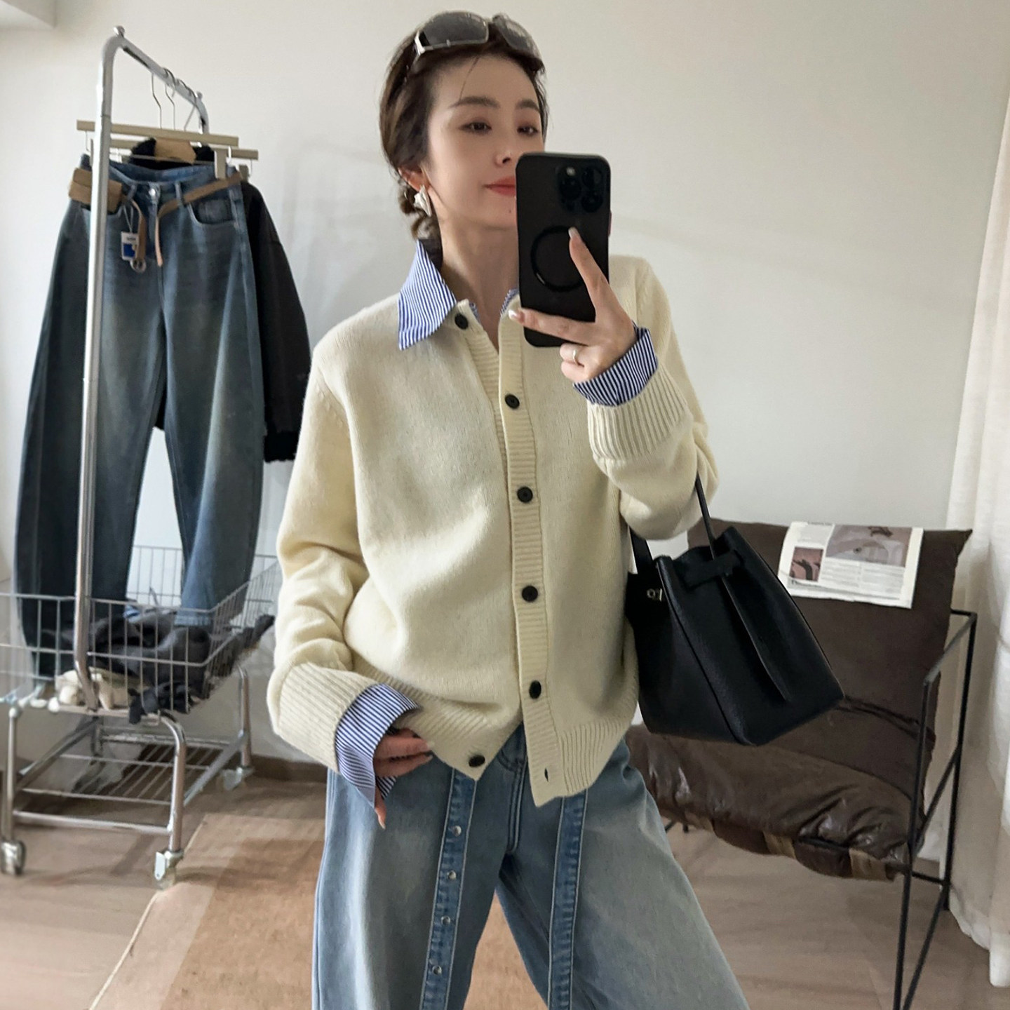 假两件翻领羊毛针织开衫女欧洲站2025冬装新款欧货女装打底毛衣潮,女装/女士精品,毛针织衫,淘宝优惠券,粉丝福利购,淘宝优惠卷