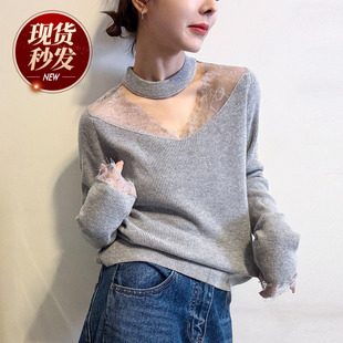 打底小衫 镂空挂脖蕾丝羊毛针织衫 欧货女装 新款 潮 女欧洲站2025冬装