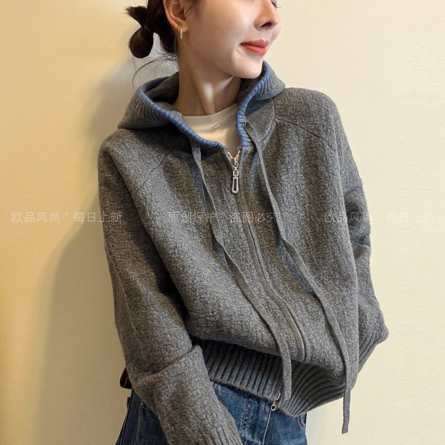 抽绳连帽圈圈羊毛针织开衫女欧货