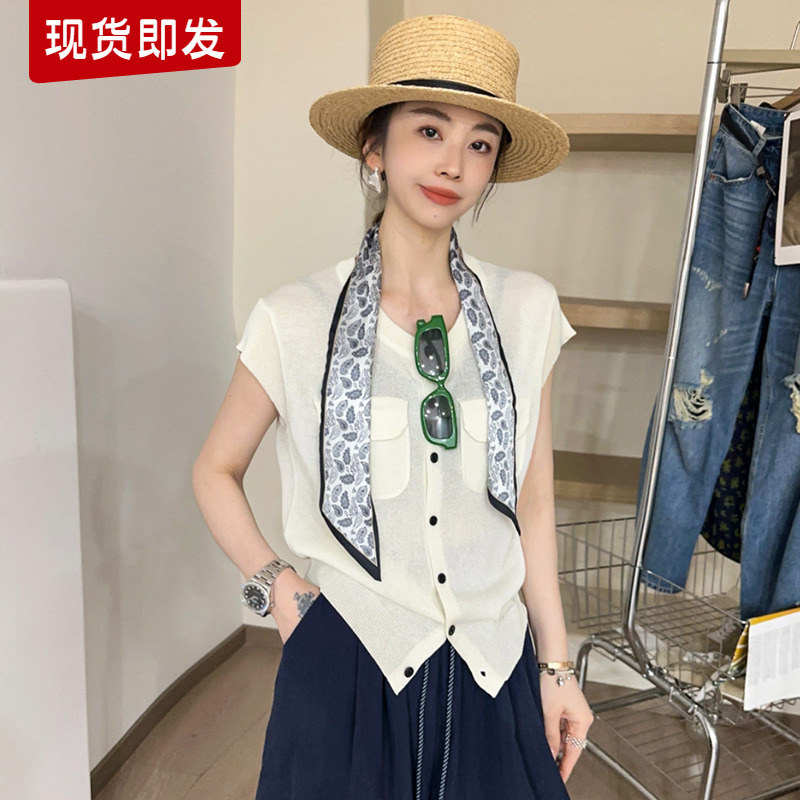 配丝巾冰丝针织开衫女欧洲站2025夏装新款欧货女装飞飞袖打底衫潮