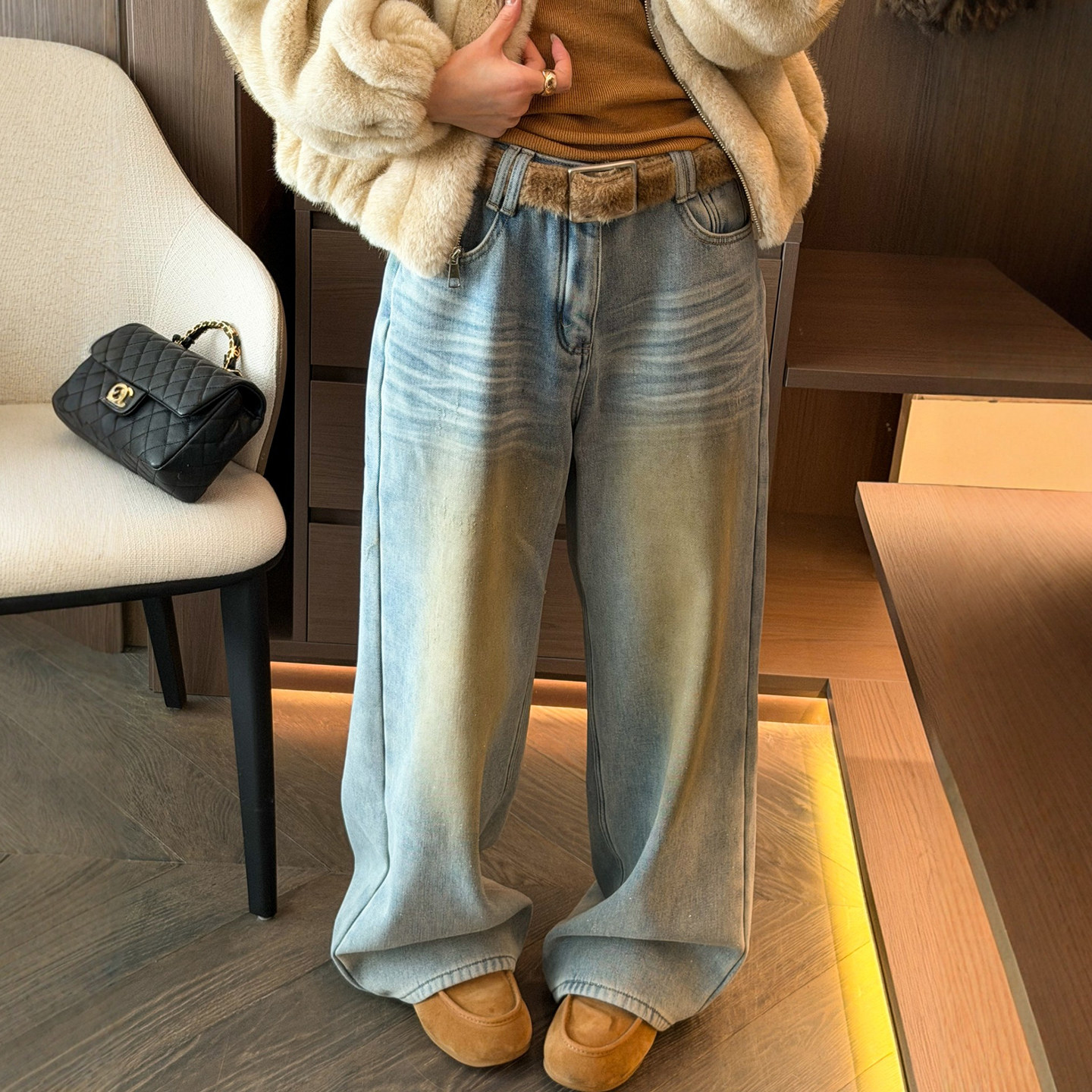 复古拖地加绒阔腿牛仔裤女欧洲站2025冬装新款欧货女装直筒裤子潮