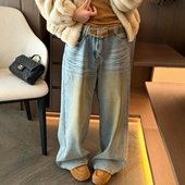 女欧洲站2025冬装 新款 欧货女装 复古拖地加绒阔腿牛仔裤 直筒裤 子潮