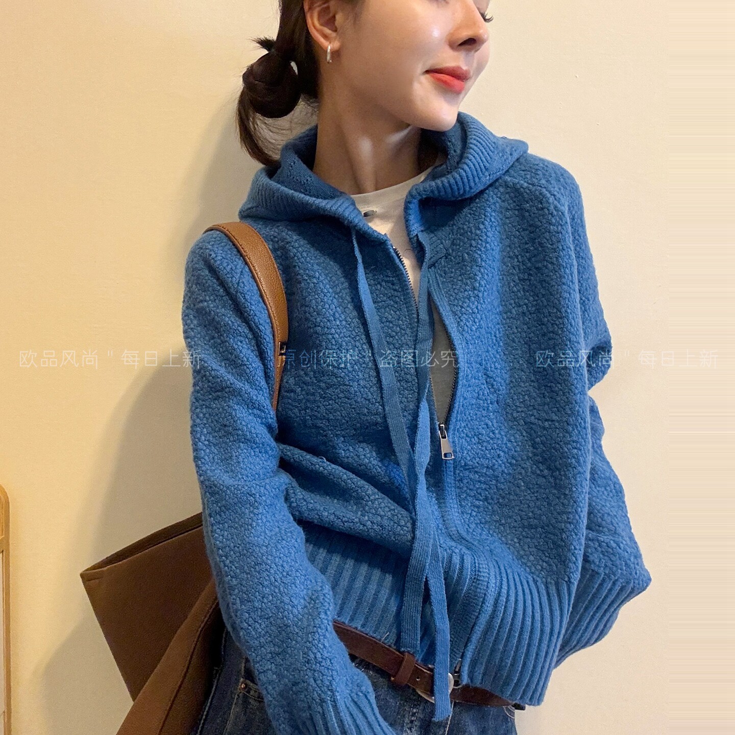 豆豆纱连帽羊毛针织开衫女欧洲站