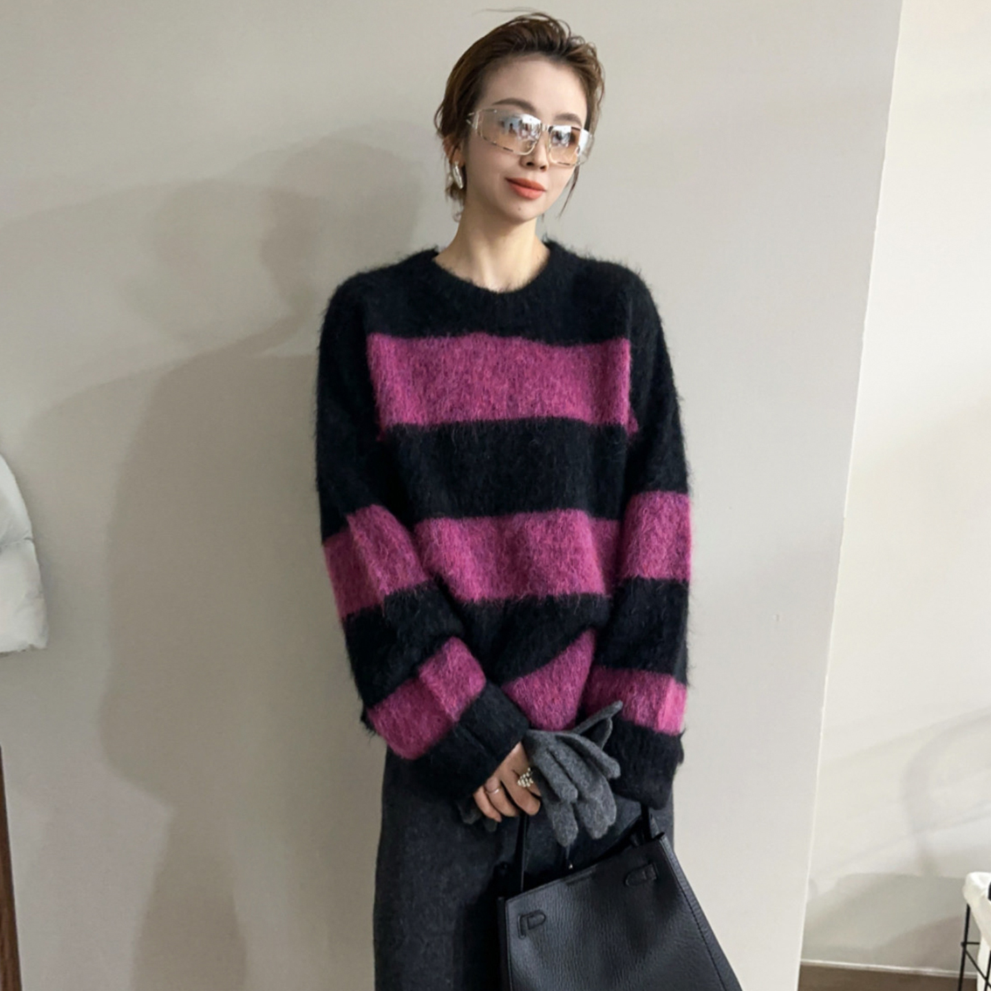 撞色条纹浣熊绒针织衫女欧洲站潮