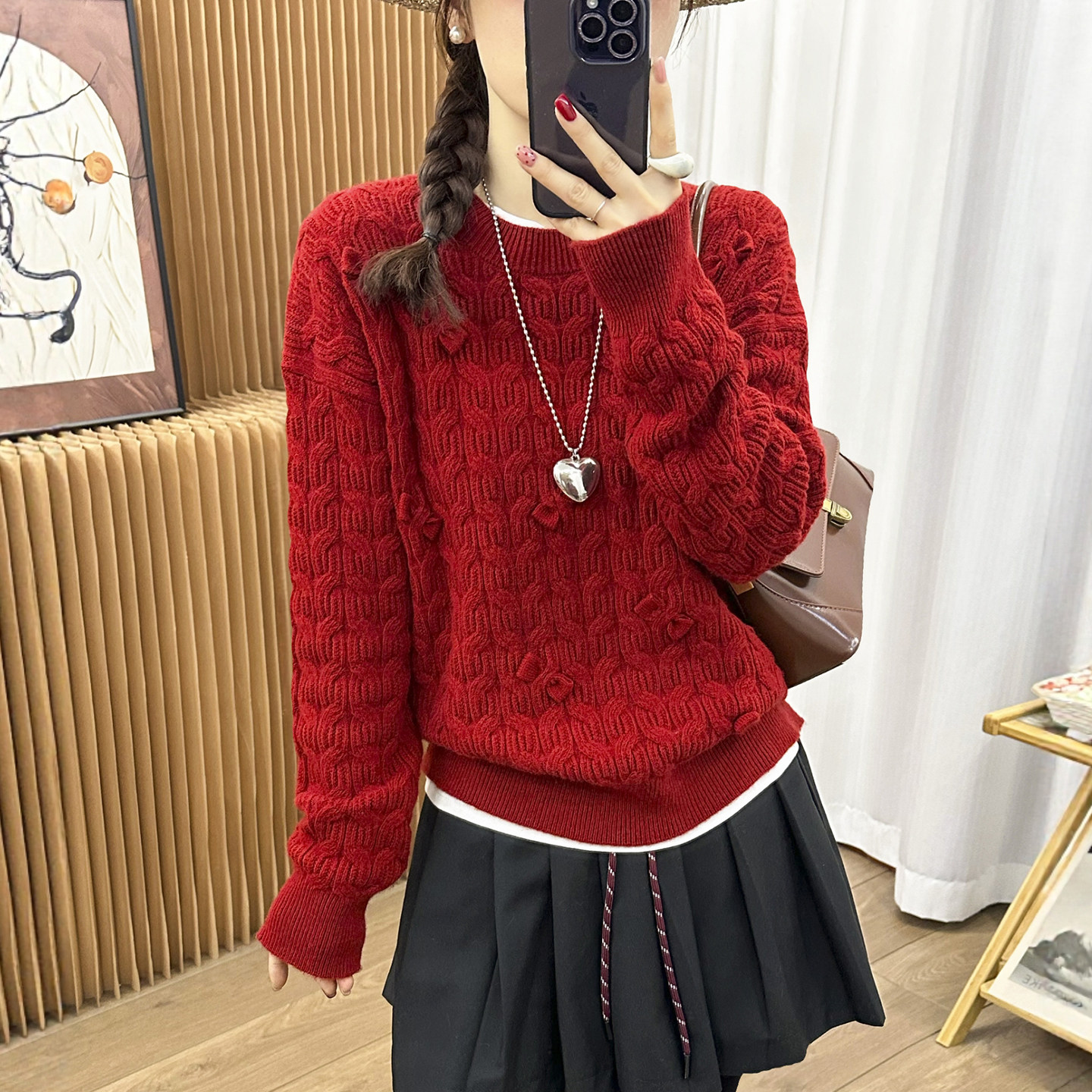 蝴蝶结麻花纹羊绒针织衫女欧洲站