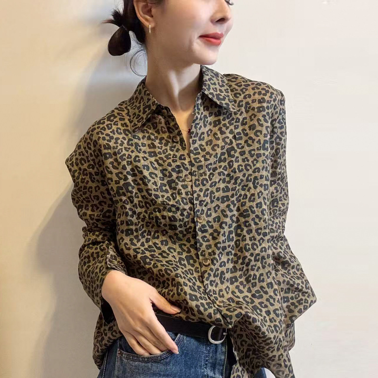 复古豹纹POLO领长袖衬衫女欧洲站