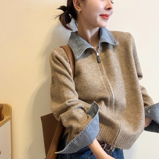 假两件牛仔翻领羊毛针织开衫女欧洲站2026秋季新款欧货女装外套潮