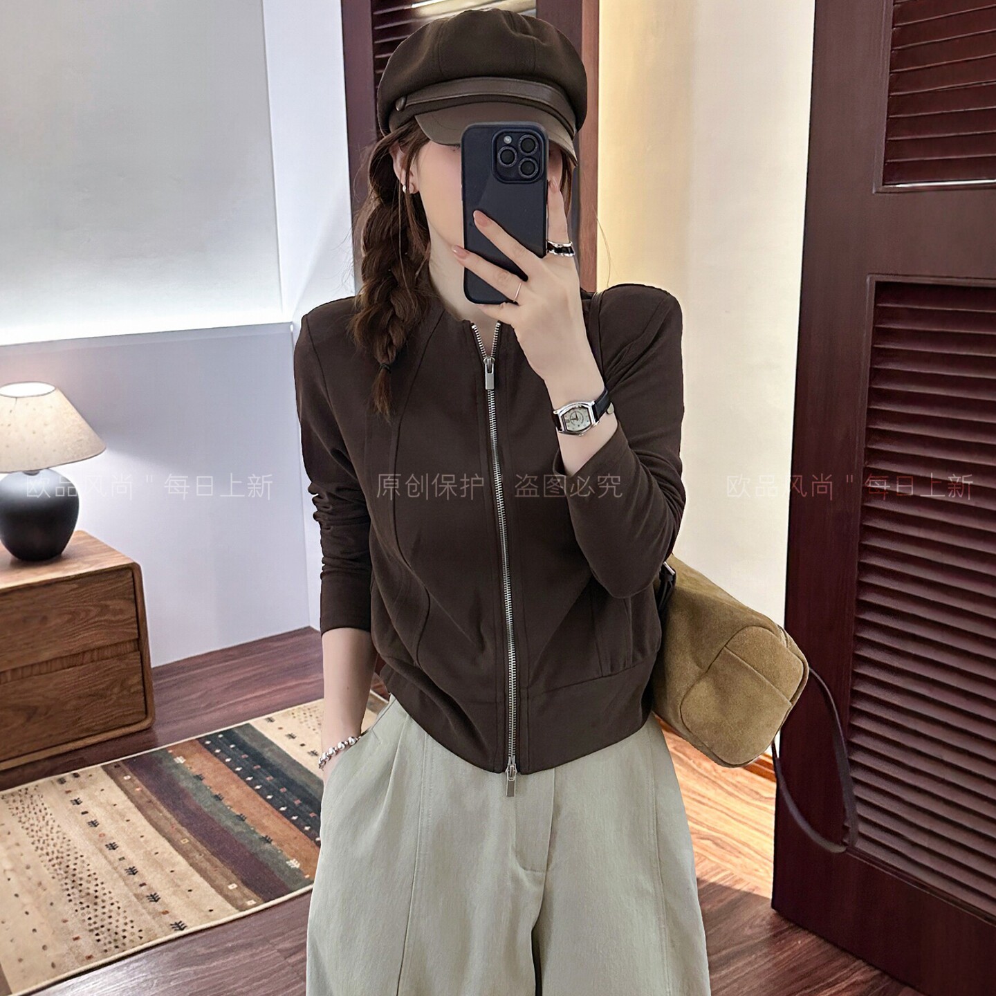 复古立领卫衣开衫短外套女欧洲站